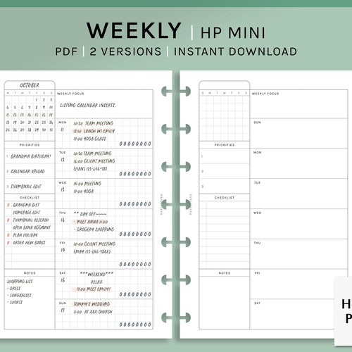 Settimanale non datato / HP Mini Printable Happy Planner Inserts / Modello di layout WO1P / Foglio di programmazione settimanale con calendario PDF / Download digitale