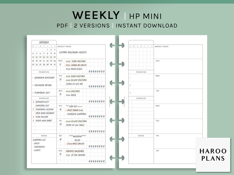 Undated Weekly | HP Mini Printable Happy Planner Inserts | WO1P Layout ...