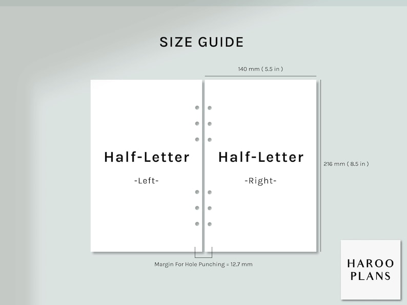 May include: Size guide for a Half-Letter notebook, showing the dimensions of the left and right pages. The notebook is 5.5 inches wide and 8.5 inches tall. The margin for hole punching is 12.7 mm.