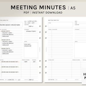 May include: A black and white printable meeting minutes template in A5 size. The template includes sections for date, time, location, attendees, agenda items, discussion, notes, action steps, person in charge, and due dates. The template is designed for use with a planner or notebook.