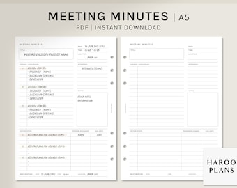 Meeting Minutes | A5 Printable Planner Inserts | Project Agenda Template for Work | Meeting Notes for Business PDF | Digital Download