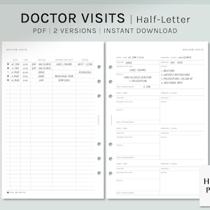 Può includere: Pagine stampabili di registro delle visite mediche in bianco e nero. Le pagine sono progettate per un planner di formato mezzo-lettera. Le pagine includono sezioni per data, ora, medico, motivo della visita, note, ospedale o clinica, contatto e prossimo appuntamento. Il testo "DOCTOR VISITS" è in cima alla pagina.