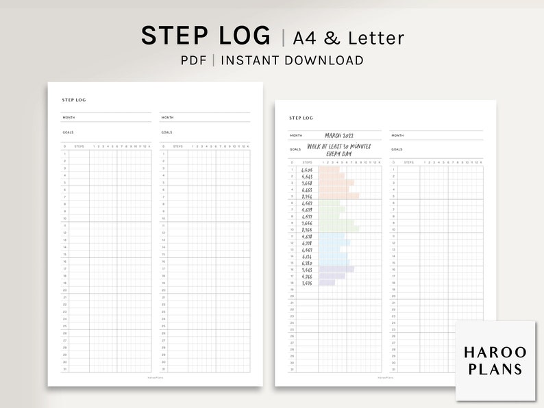 Step Log | A4, US Letter Printable Planner Inserts | Health Journal ...