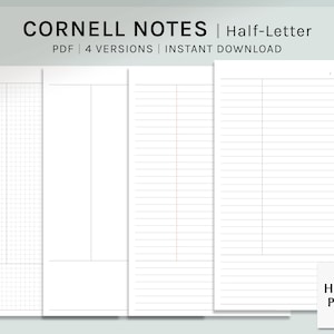 May include: Four different styles of Cornell note-taking templates in PDF format. The templates include a grid, lined, blank, and lined with a column for notes. The templates are designed for half-letter size paper. The text "HAROO PLANS" is visible in the bottom right corner.