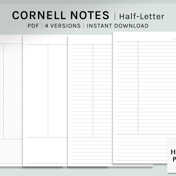 Cornell Notes | Half-Letter | Printable Planner Inserts Template | Grid, Blank, Line Page Sheet | Digital Download