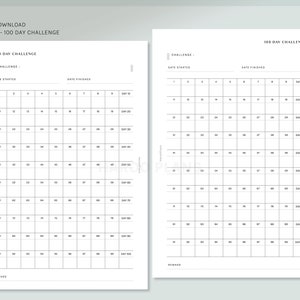 May include: A printable 100-day challenge tracker with two pages. Each page has a grid with 100 squares, numbered 1 to 100. The top of each page has space to write the challenge name, date started, and date finished. The bottom of each page has space to write a reward.