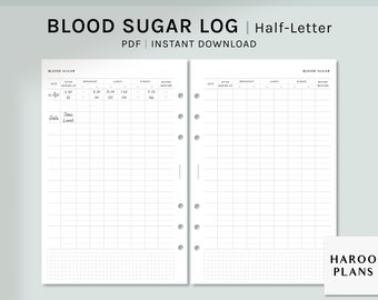 May include: Printable blood sugar log template in half-letter size. The template has columns for date, time, blood sugar level, and notes for meals and bedtime.