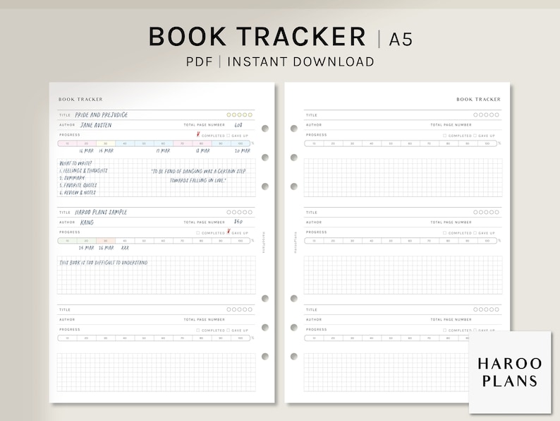 Op de afbeelding: Een zwart-witte printbare boektracker met een gerasterde lay-out om de voortgang van het lezen bij te houden. De tracker heeft secties voor titel, auteur, totaal aantal pagina's, voltooide pagina's en een voortgangsbalk. De tekst "BOOK TRACKER | A5" en "PDF | INSTANT DOWNLOAD" staat bovenaan de pagina. De tekst "HAROO PLANS" staat onderaan de pagina.