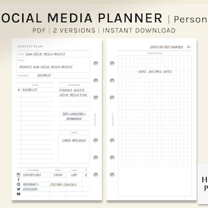 May include: A printable social media planner with a content plan section and a notes section. The content plan section includes fields for title, topic, category, to do, checklist, keywords, tags, hashtags, links, platform, date, time, account, and posting schedule. The notes section is a grid for writing ideas, outlines, and notes.
