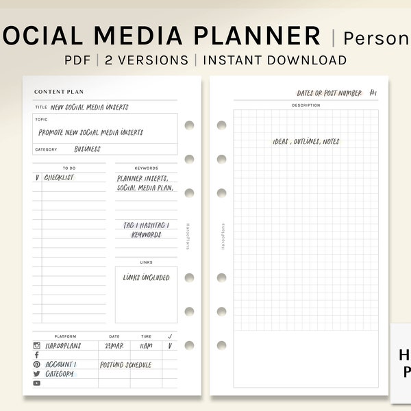 Content Planner | Personal Size Printable Inserts | Social Media Posting Template | Contents Post Idea Notes PDF | Digital Download