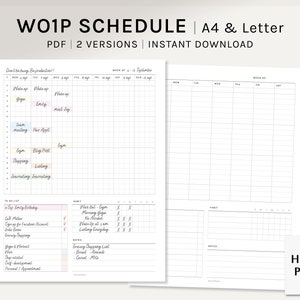 May include: A printable weekly schedule planner in A4 and Letter sizes. The planner has a grid layout with space for daily tasks and notes. The planner is designed to help you stay organized and productive.
