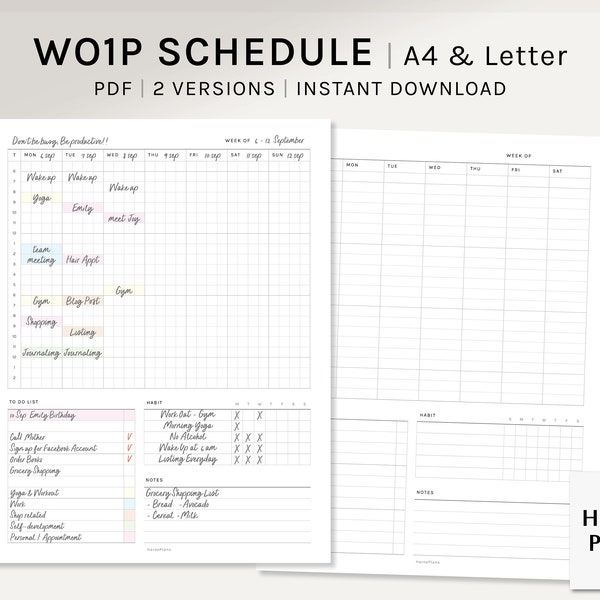 WO1P Schedule | A4, US Letter Printable Planner Inserts | Simple Weekly Time Blocking Template | Organizer Worksheet PDF | Digital Download