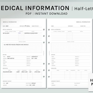 Medisch informatieblad | Afdrukbare plannerinzetstukken van halve letters | Werkblad Gezondheidsinformatie | Dokterslijst | Medicatielogboek | Digitale download