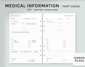 May include: A printable medical information sheet in a half-letter size PDF format. The sheet includes sections for name, birthday, blood type, allergies, chronic illnesses, medical history, doctors, medications, and emergency contact information.