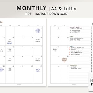 Sin fecha mensual / A4, US Letter Printable Planner Inserts / Simple MO2P Layout Template / Blank Calendar with Notes PDF / Digital Download