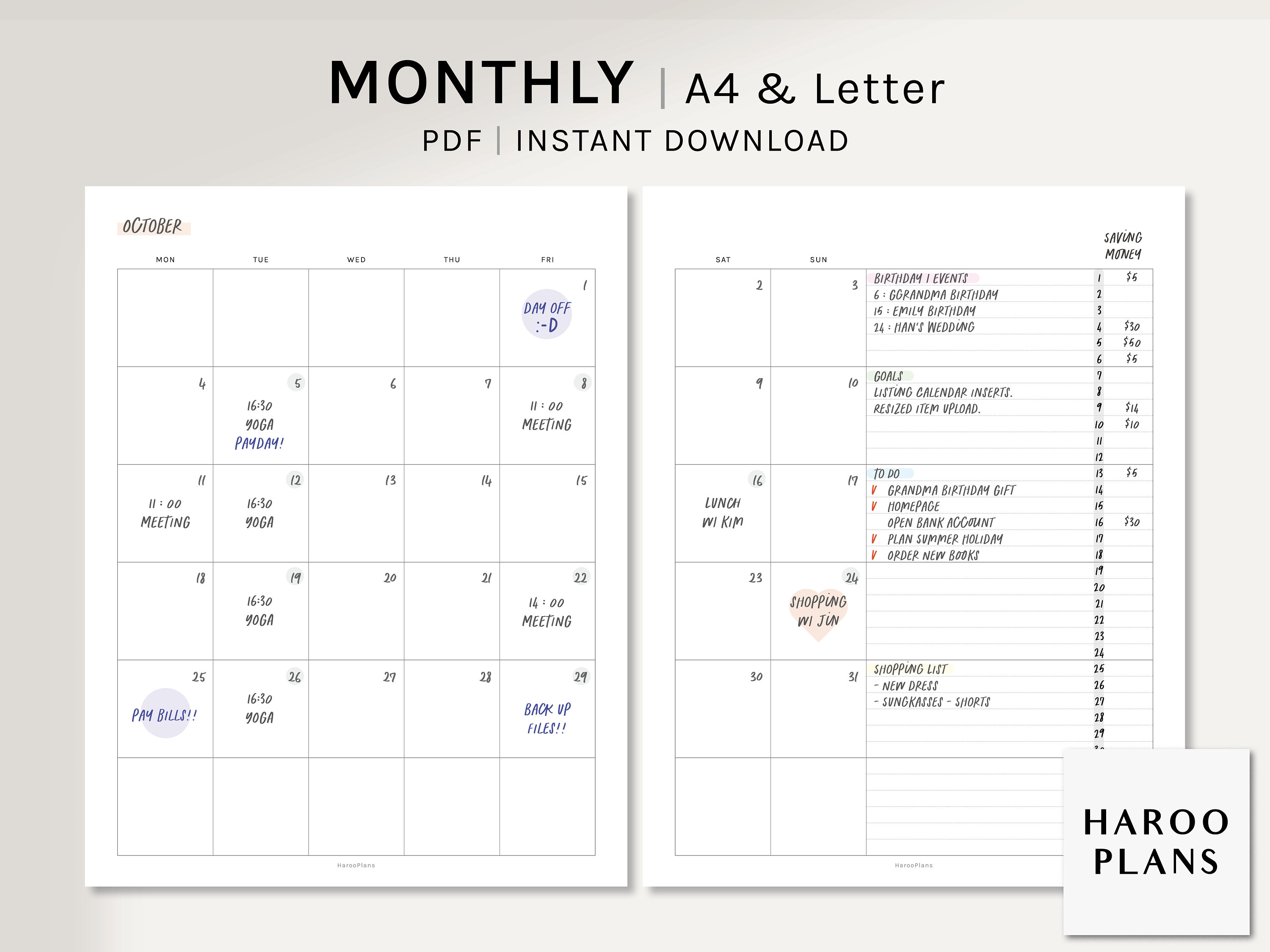Undated Monthly | A4, US Letter Printable Planner Inserts | Simple MO2P ...