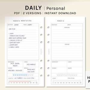 May include: A printable daily planner with two versions. The left side has a section for thoughts and feelings, a schedule, a gratitude diary, a brain dump, and doodle notes. The right side has sections for morning, evening, breakfast, lunch, dinner, and snack. Both sides have a sleep tracker and a step tracker.