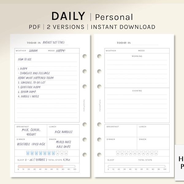 Daily Diary | Personal Ring Printable Planner Inserts | Idea Notes, Today's Journal Layout, Daily Organizer Template PDF | Digital Download