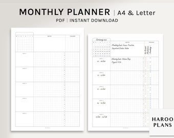 Pode incluir: Um planejador mensal imprimível em tamanho A4 e Carta. O planejador inclui um calendário, espaço para notas e um rastreador com pontos coloridos. O texto no planejador diz "Objetivo mensal, Foco, Prioridades, Datas importantes, Notas", "Objetivo semanal, Passos de ação, Projetos a realizar", e "Sem álcool, Meditação, Leitura".