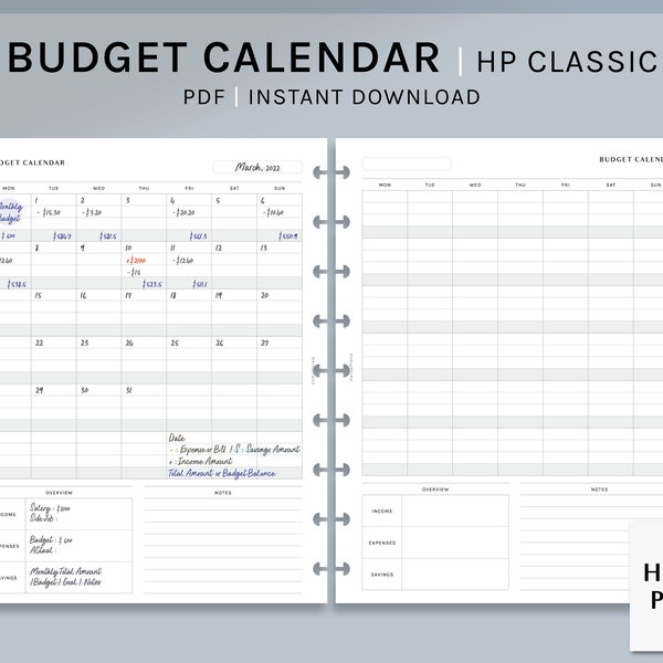 Budget Calendar | HP Classic Printable Happy Planner Inserts | Monthly Financial Template | Income and Expense Log PDF | Digital Download