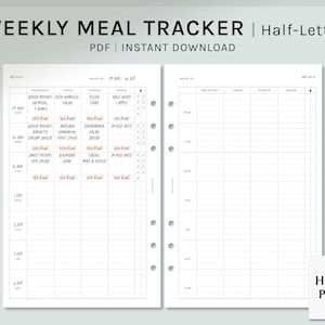 May include: A printable weekly meal tracker planner in half-letter size. The planner has a section for meals with columns for breakfast, lunch, dinner, and snack. The planner also has a section for notes.