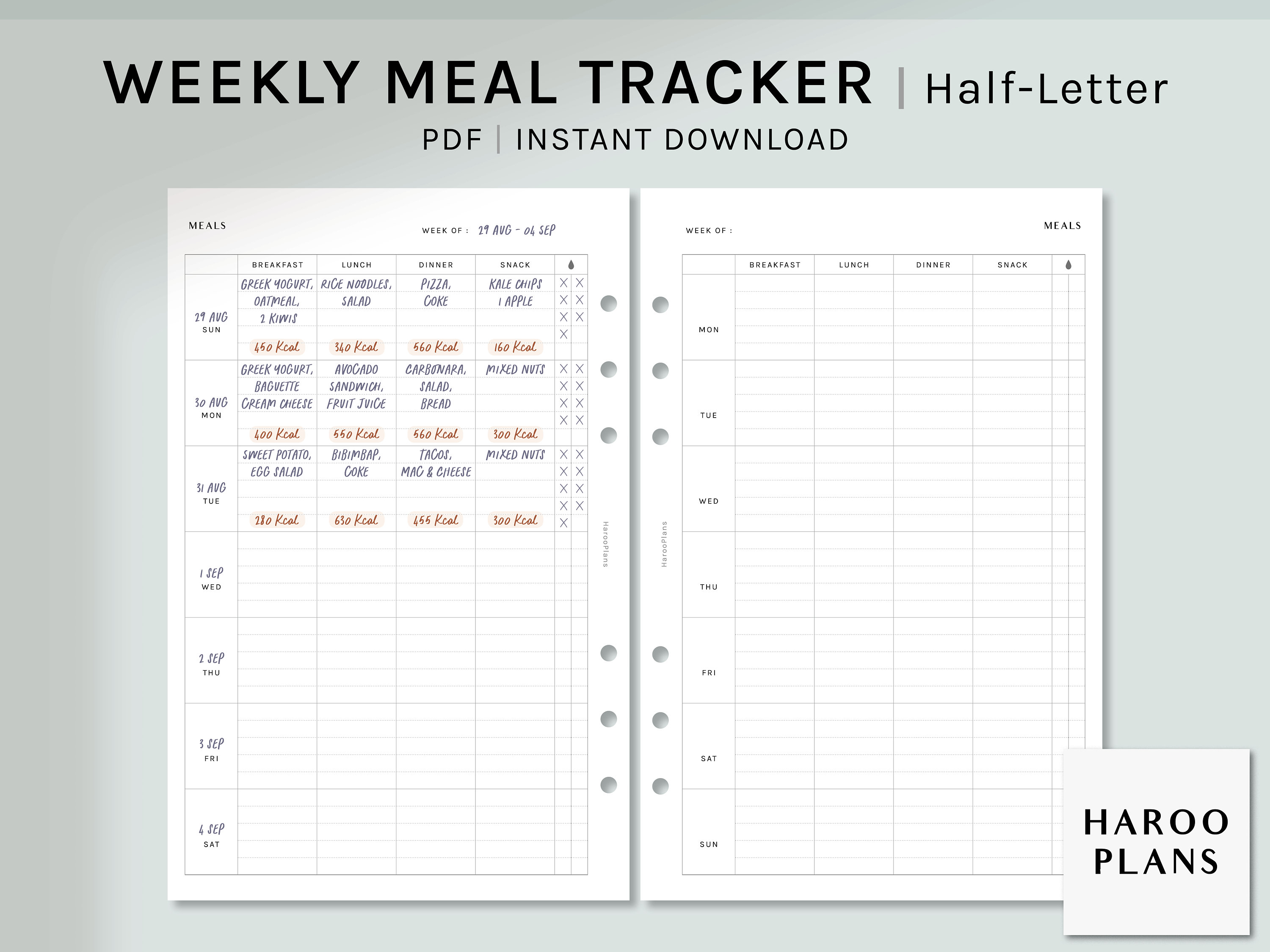 Weekly Meal Tracker | Half-letter Printable Planner Inserts | Food Log ...