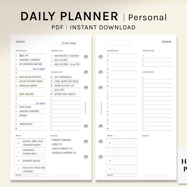 Undated Daily Planner | Personal Size Printable Inserts | Schedule Organizer Template | Checklist, Meal and Water Tracker | Digital Download