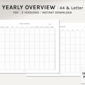 Descripción general anual sin fecha / A4, Planificador imprimible de cartas de EE. UU. / Hoja de calendario de año en blanco / Página de planificador de escritorio / Plantilla YO1P / Descarga digital