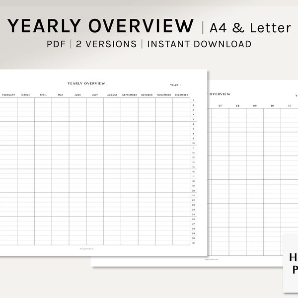 Undated Yearly Overview | A4, US Letter Printable Planner | Blank Year Calendar sheet | Desk Planner Page | YO1P Template | Digital Download