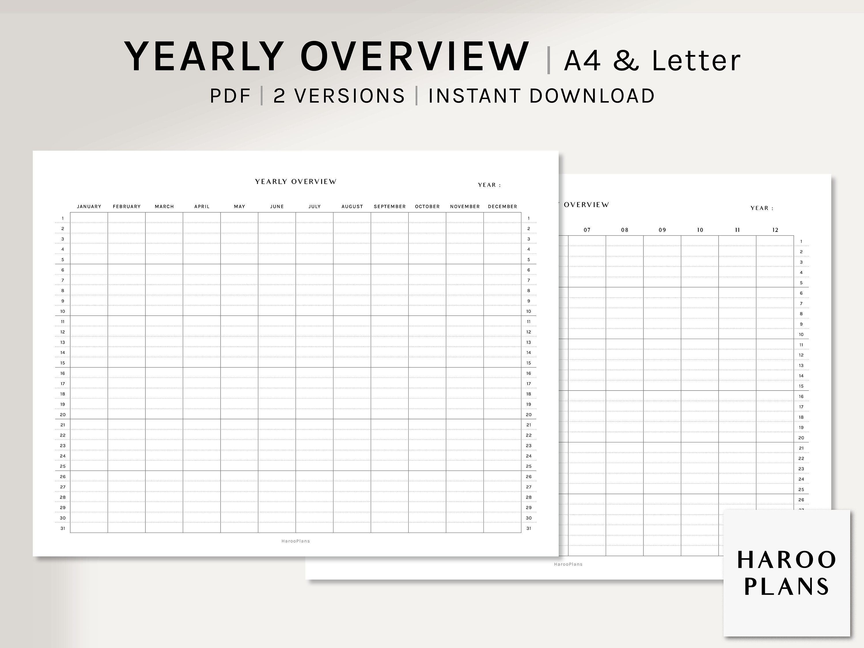 Undated Yearly Overview | A4, US Letter Printable Planner | Blank Year ...