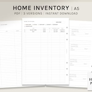 Home Inventory | A5 Printable Planner Inserts | Household Supplies Tracker Template | House Items List Worksheet PDF | Digital Download