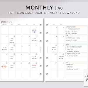 May include: A printable monthly planner in A6 size with a calendar grid for October 2021. The calendar has a Monday and Sunday start. The planner has a to-do list, notes section, and space for birthdays and events. The planner is designed for use with a disc bound system.