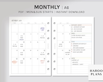 Ongedateerde maandelijkse planner | Afdrukbare inzetstukken van A6-formaat | Eenvoudige MO2P-lay-outsjabloon | Lege Agenda Organizer PDF-| Digitale download