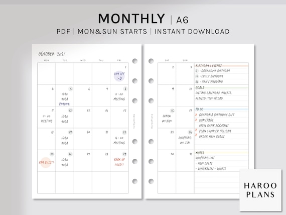Undated Monthly Planner A6 Size Printable Inserts Simple - Etsy