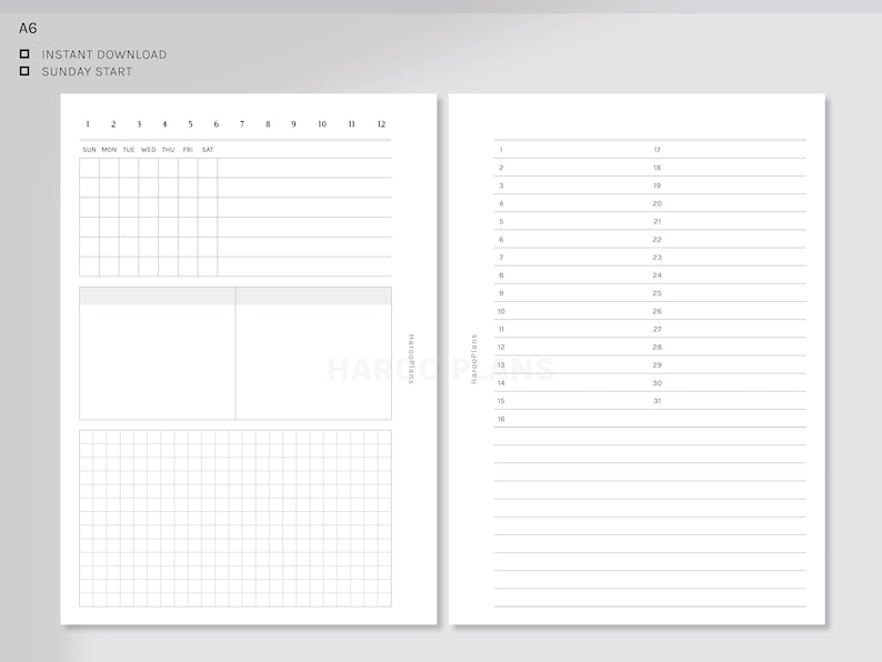 Month at a Glance | A6 Rings Printable Planner Inserts | Undated MO2P ...