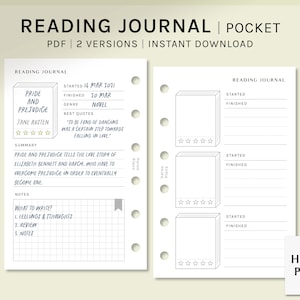 Diario di lettura / Pocket Ring Inserti per planner stampabili / Modello di registro di revisione del libro / Semplici fogli di layout del diario del libro / Download digitale