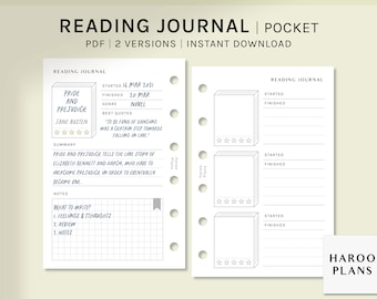 Reading Journal | Pocket Ring Printable Planner Inserts | Book Review Log Template | Simple Book Diary Layout Sheets | Digital Download