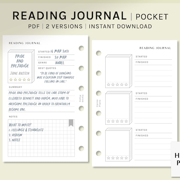 Reading Journal | Pocket Ring Printable Planner Inserts | Book Review Log Template | Simple Book Diary Layout Sheets | Digital Download