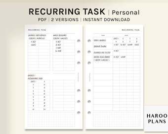 Recurring Task Log | Personal Size Printable Planner Inserts | Chores Tracker Template | When Did I Last | Bullet Journal | Digital Download