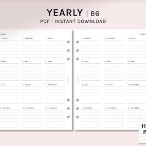 Yearly Planner | B6 Ring Printable Inserts | Blank Yearly Overview Template | YO1P Yearly Goal | Year at a glance PDF | Digital Download image 1