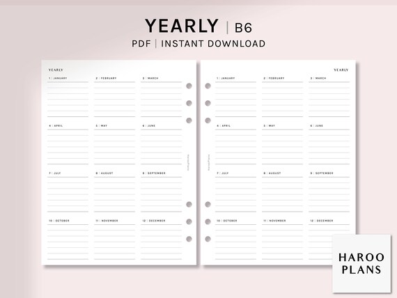 Yearly Planner | B6 Ring Printable Inserts | Blank Yearly Overview Template | YO1P Yearly Goal | Year at a glance PDF | Digital Download