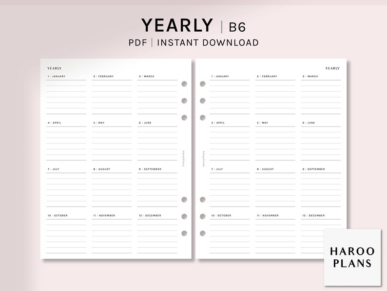 Yearly Planner | B6 Ring Printable Inserts | Blank Yearly Overview Template | YO1P Yearly Goal | Year at a glance PDF | Digital Download image 1