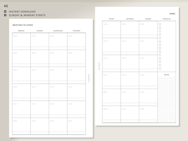Undated Monthly Printable Planner Inserts | A5 | MO2P Template PDF ...