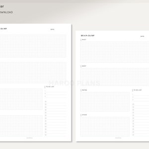 Peut inclure: Deux pages de planificateur imprimables blanches avec une mise en page en grille. Les pages sont &eacute;tiquet&eacute;es "Brain Dump" et comprennent des sections pour "Must", "Want", "Maybe" et "Other". Une section "To Do List" est &eacute;galement pr&eacute;sente. Le coin sup&eacute;rieur gauche indique "A4 & US Letter" et "Instant Download."