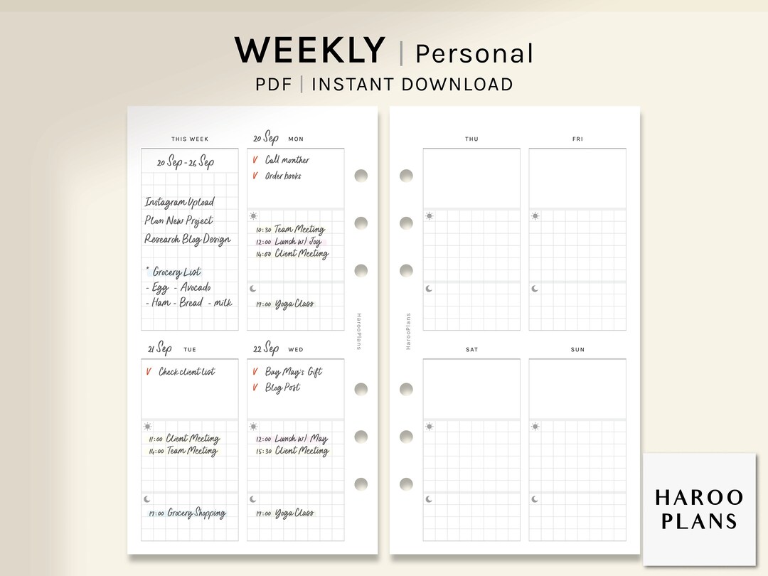 Weekly Planner | Personal Size Printable Inserts | WO2P Layout Template ...