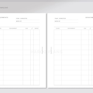 May include: Two printable assignment trackers with headings for class, assignment, due date, checkmark, and grade. The top of each page has space to write the year, semester, and week of.