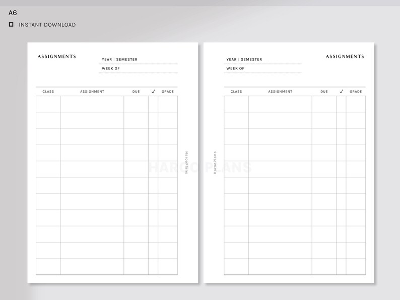 May include: Two printable assignment trackers with headings for class, assignment, due date, checkmark, and grade. The top of each page has space to write the year, semester, and week of.