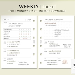 Puede incluir: Una agenda de bolsillo semanal con fondo blanco y texto negro. La agenda tiene una sección para cada día de la semana, con espacio para citas, tareas y notas. La agenda también incluye una sección para el seguimiento de hábitos y una sección para consejos de productividad. La agenda está diseñada para ayudar a las personas a mantenerse organizadas y en camino hacia sus objetivos.