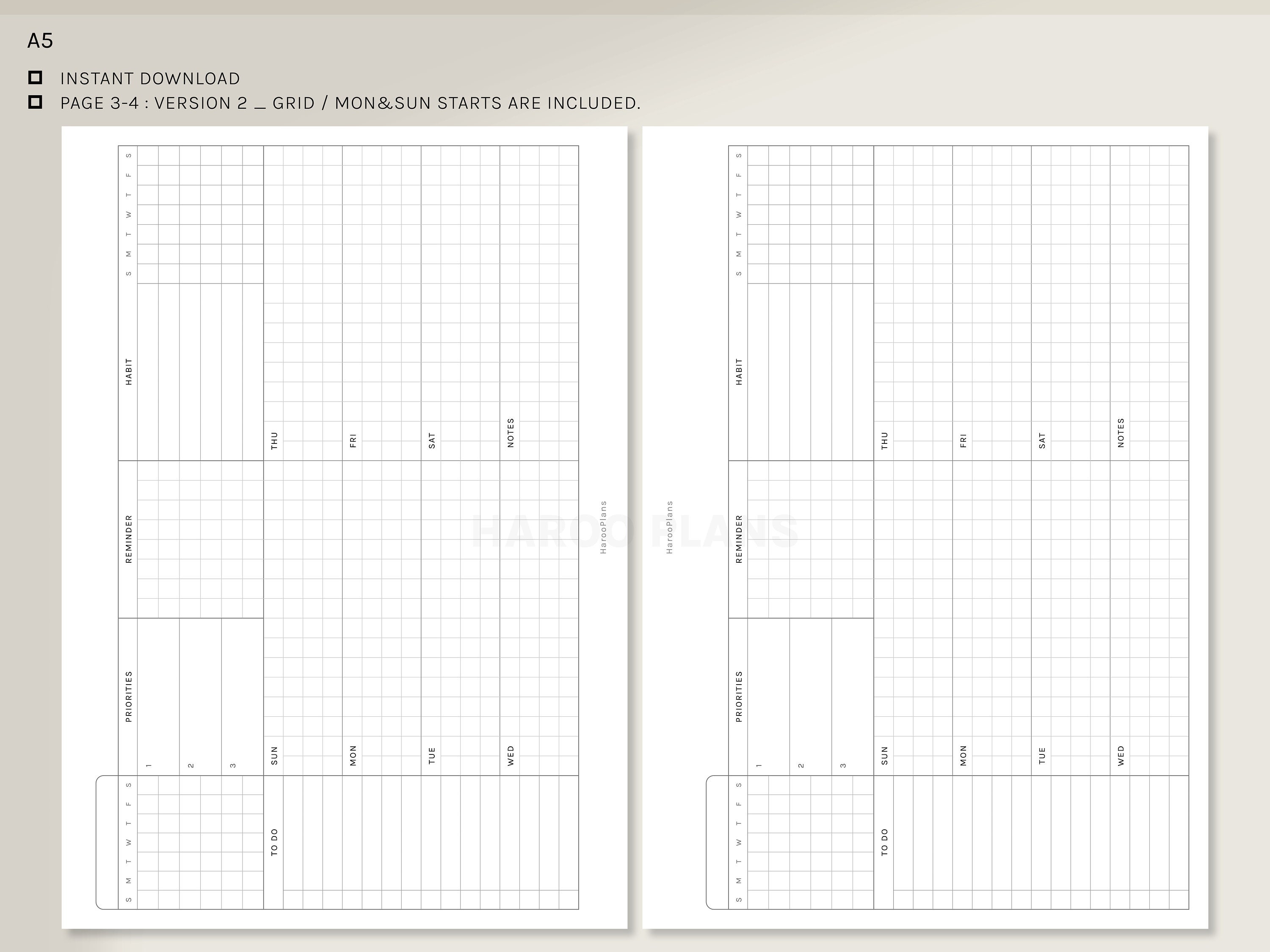 Undated Weekly | A5 Printable Planner Inserts | WO1P Horizontal Layout ...
