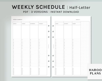 Undated Weekly Schedule Printable | Half- Letter Size | Planner Inserts | Sunday&Monday Starts | WO2P Layout Template | Digital Download